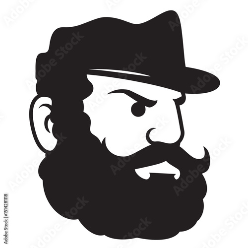 Vector illustration of a bearded man wearing a hat in a simple black and white style