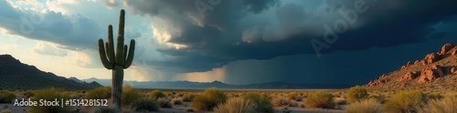 Giant saguaro cactus under ominous desert sky, impending rain, desert, heat
