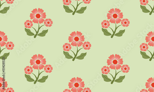 a pattern composed of red pastel flower with green background , design for fabric or various pattern printing works.