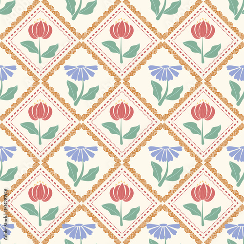 a tartan pattern with red and blue pastel flowers , design for fabric or various pattern printing works.