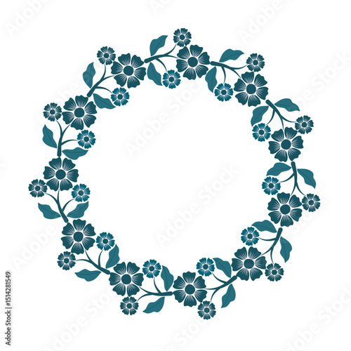 Round wreath ornament blue flower abstract pattern on transparent background