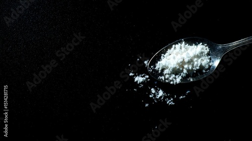 Closeup of amphetamine powder in metallic spoon on dark background, representing illegal narcotic substance, drug addiction, stimulant abuse, criminal activity and health risk with copy space photo