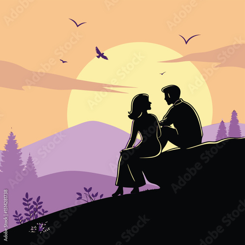 Romantic silhouette of a loving couple on a tropical beach at sunset