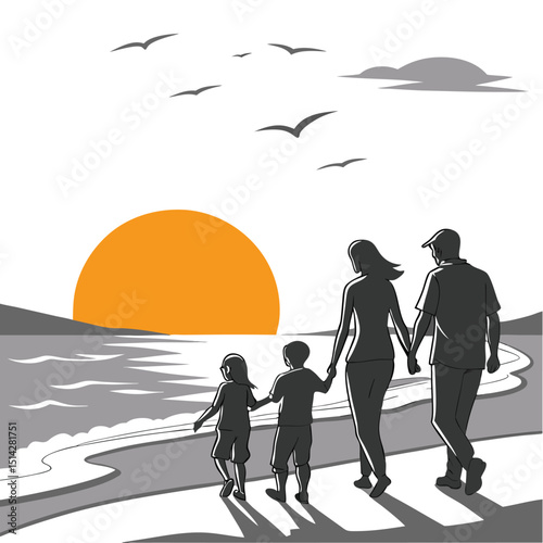Silhouettes of business people and families walking on a city street at sunset
