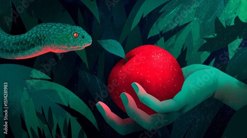 Fantasy illustration of evil serpent tempting Eve with forbidden fruit in garden setting, symbolizing temptation, sin, deception, myth, danger, seduction, morality, betrayal, ancient religious concept