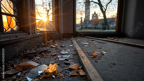 Shattered glass and autumn leaves litter the floor of an abandoned building, with a sunset view through the broken windows.  Warm light illuminates the scene