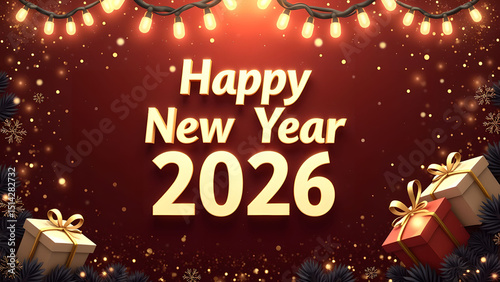 Festive 2026 New Year Celebration Background with Decorations and Presents