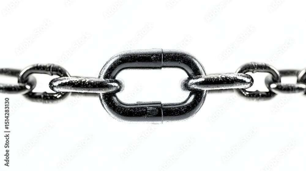 Fototapeta premium Close-up of a strong, metallic chain link against a stark white background, showcasing its sturdy construction and individual components