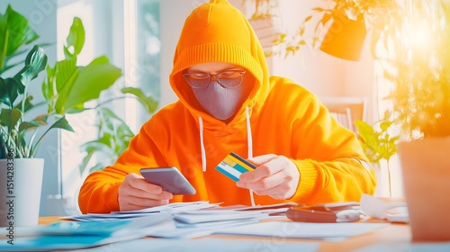 Hooded figure in orange sweatshirt uses phone and credit card amidst papers, suggesting online fraud or identity theft