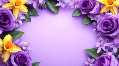 Fototapeta Naklejka Na Ścianę i Meble -  A floral arrangement of purple roses and daffodils on a lavender background.