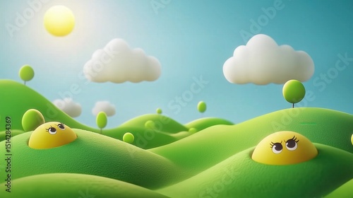 Cartoon Landscape with Happy Faces