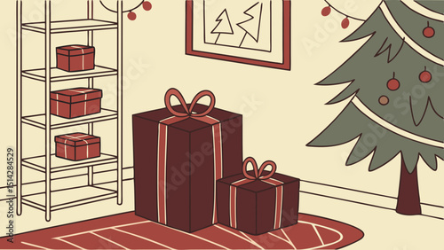 Christmas gift boxes with festive bows and ribbons, perfect for any holiday celebration or birthday surprise with dark red color.