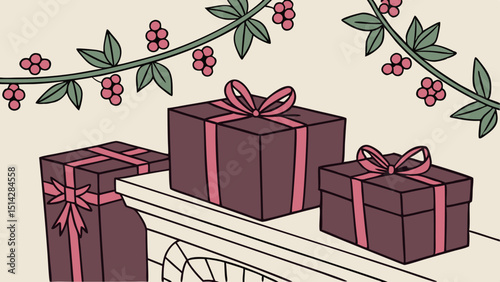 Christmas gift boxes with festive bows and ribbons, perfect for any holiday celebration or birthday surprise with dark pink color.