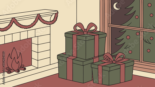 Christmas gift boxes with festive bows and ribbons, perfect for any holiday celebration or birthday surprise with dark green color.
