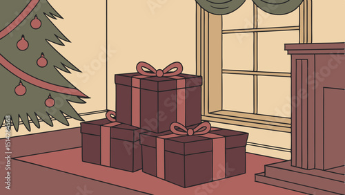 Christmas gift boxes with festive bows and ribbons, perfect for any holiday celebration or birthday surprise with dark red color.