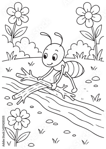 Coloring book ant happily carries a large stick, surrounded by blooming flowers in a charming garden scene.