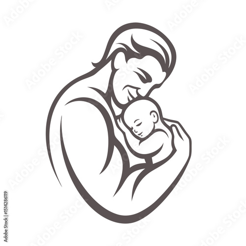 Dad and Newborn Line Art for Parenting Concept.