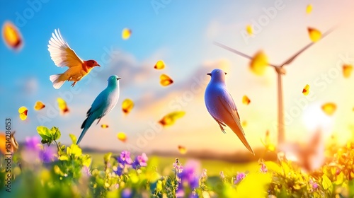 Vibrant sunset scene with two birds perched amidst wildflowers and a wind turbine, butterflies fluttering in the warm, golden light