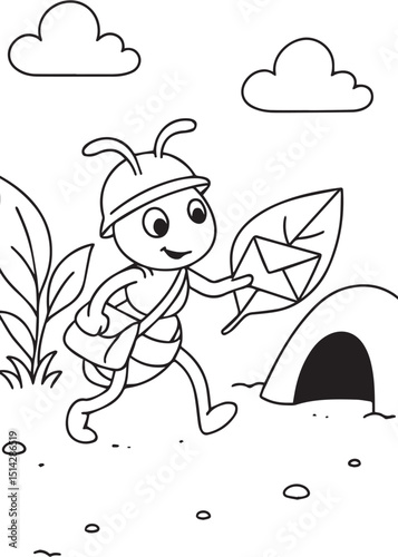 Coloring book ant mail carrier, wearing a helmet, delivers a letter on a leaf near its ant hill.