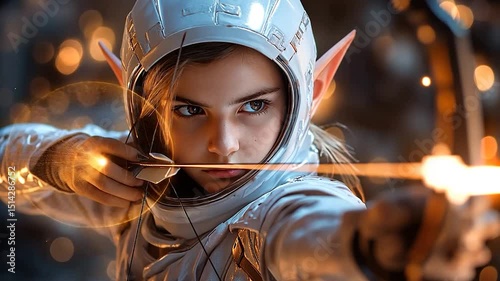Close-up shot of a young archer, wearing a futuristic white helmet and elf-like ears, aiming a bow and arrow. Warm bokeh lights create a magical atmosphere