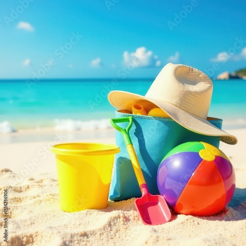 Colorful beach bag, hat, inflatable ball, bucket & spade, holiday, vacation