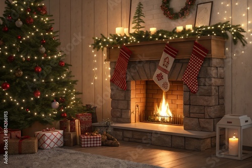 Cozy Christmas Fireplace Scene Festive Holiday Background