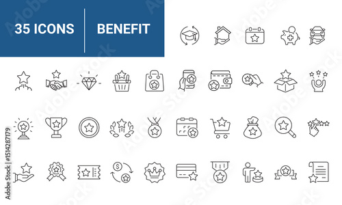 Benefit set of icons in line style. Containing reward, bonus, loyalty, star, winner, award, prize, incentive, and reward. suitable for applications and web. vector illustration.
