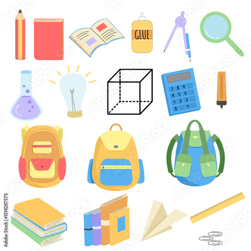 School Supplies and Backpacks Collection Hand drawn Vector. Perfect for back to school design