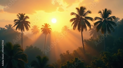 Golden Sunrise Illuminating a Lush Tropical Paradise with Silhouetted Palm Trees and Misty Atmosphere