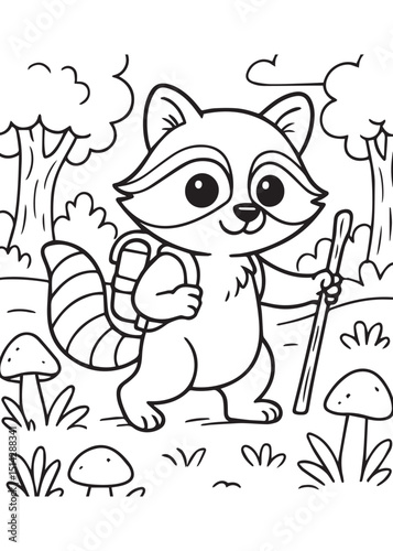 Coloring book raccoon explorer, with a backpack and walking stick, embarks on an exciting forest adventure among mushrooms.