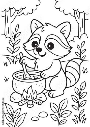 Coloring book raccoon happily stirs a bubbling pot over a campfire, cooking a delicious meal in the forest.
