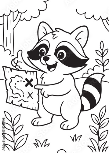 Coloring book raccoon holds a treasure map, ready for a thrilling adventure in the forest.