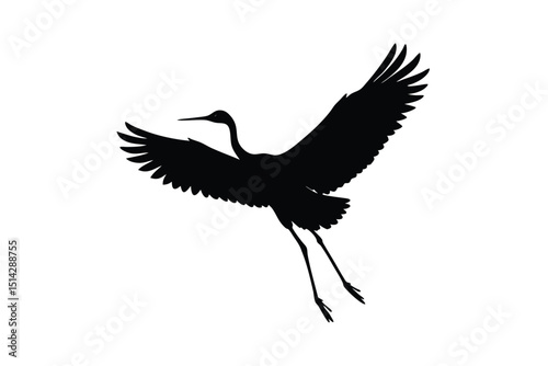 Flying crane in mid motion with graceful wings spread lioncut art illustration