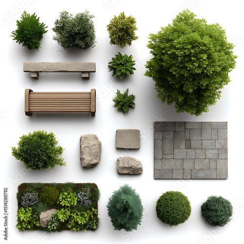 Top view landscape design elements isolated on white background