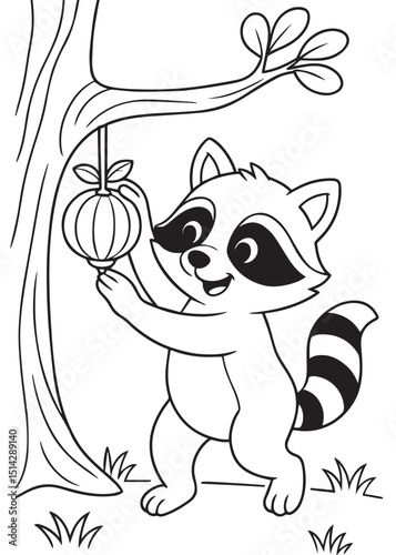 Coloring book raccoon joyfully reaches for a hanging lantern in a charming woodland scene.