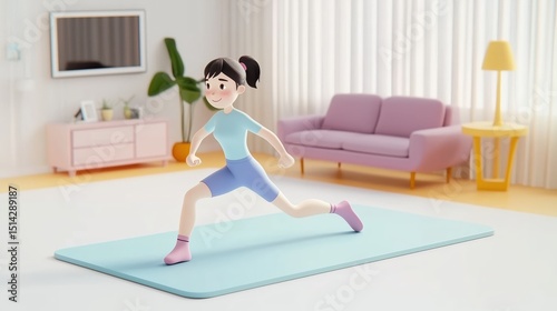 Cartoon girl doing lunges in living room