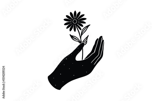 Hand gently holding a single delicate wildflower lioncut art illustration