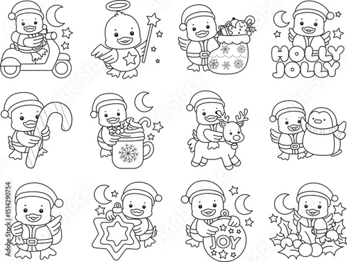 Lineart of Cute Duck icon. Outline of Funny baby Duck animal series stock illustration. life of fluffy Duck designs.
