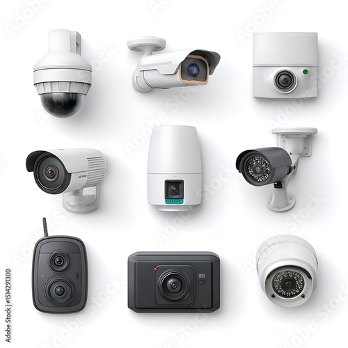 Assortment of security cameras isolated on white background