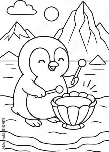 Coloring book penguin playing a drum or musical instrument with mallets in an arctic landscape