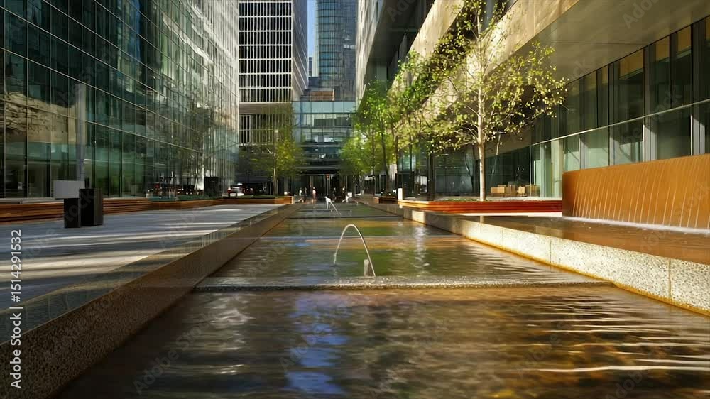 Urban oasis, modern architectural design.  Water feature with fountain,  urban landscape,  modern plaza,  city park
