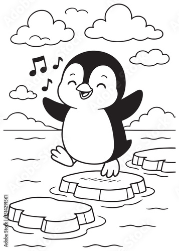 Coloring book penguin singing with musical notes, standing on ice floes in the water under clouds