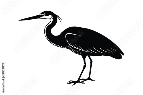 Still heron bird in quiet standing water stance lioncut art illustration