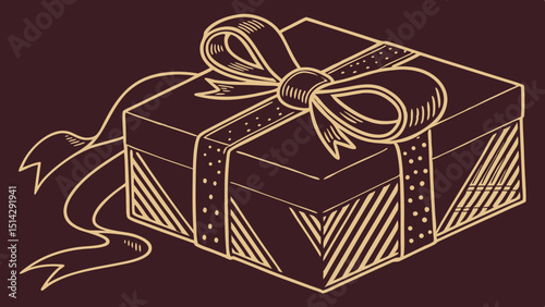 Dark red gift box wrapped with gold bow and ribbon isolated on dark red background vector illustration.
