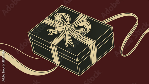 Dark green gift box wrapped with gold bow and ribbon isolated on dark red background vector illustration.

