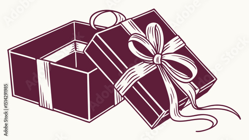 Dark purple gift box wrapped with gold bow and ribbon isolated on white background vector illustration.
