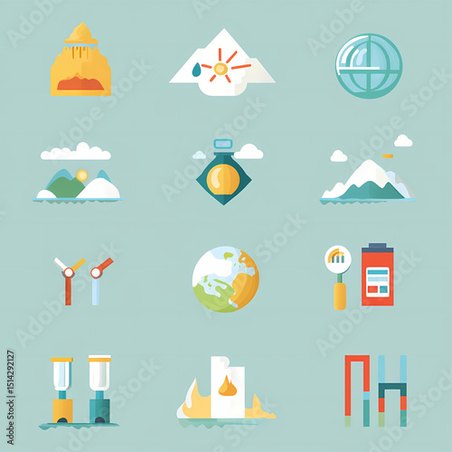 Iconic Elements of Environment: A set of visually appealing icons represents various elements essential to environmental concept, designed in a clean, modern style and organized in a grid layout.