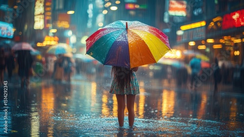 Wallpaper Mural Young girl and kid standing close under umbrella, city lights,dancing in rain,happy woman in rain,children holding umbrella afterschool concept. Torontodigital.ca