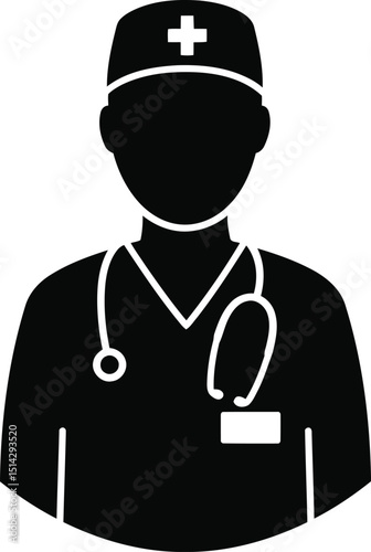 Vector illustration of a medical professional in silhouette with stethoscope and cross symbol on cap