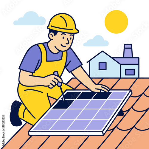 Worker installs solar panels on roof under bright sun, showcasing renewable energy